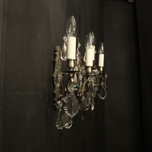 FRENCH SILVER GILDED CRYSTAL TWIN ARM ANTIQUE WALL LIGHTS - ADDITIONAL PHOTO 9