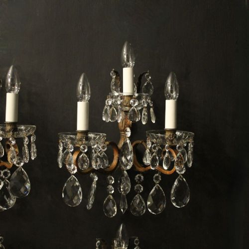 FRENCH SET OF 4 GILDED CRYSTAL TRIPLE ARM ANTIQUE WALL LIGHTS - ADDITIONAL PHOTO 1