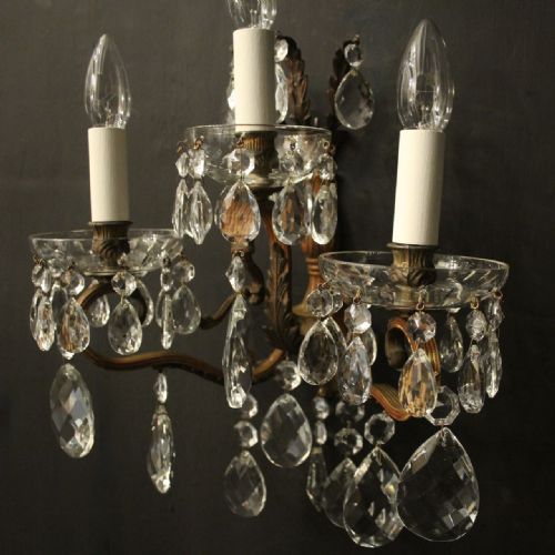 FRENCH SET OF 4 GILDED CRYSTAL TRIPLE ARM ANTIQUE WALL LIGHTS - ADDITIONAL PHOTO 2