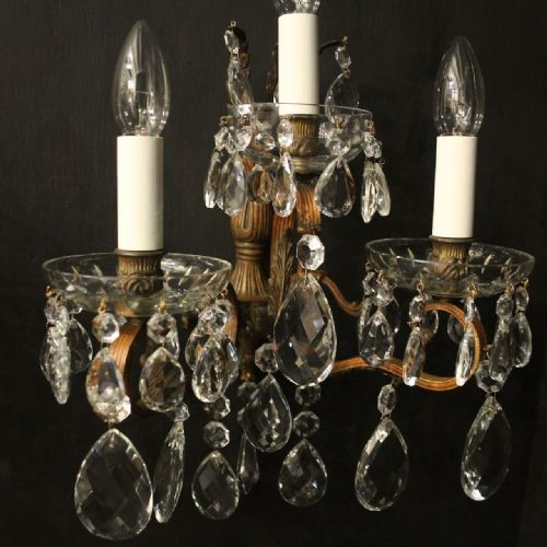 FRENCH SET OF 4 GILDED CRYSTAL TRIPLE ARM ANTIQUE WALL LIGHTS - ADDITIONAL PHOTO 3