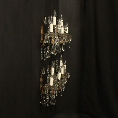 FRENCH SET OF 4 GILDED CRYSTAL TRIPLE ARM ANTIQUE WALL LIGHTS - ADDITIONAL PHOTO 9