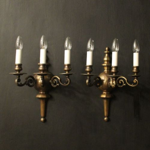 english pair of bronze triple arm antique wall lights - CATEGORY: ANTIQUE LIGHTING - DATED 1910