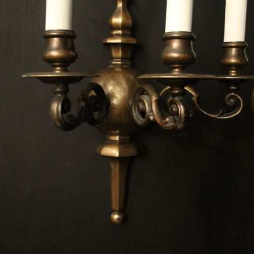 ENGLISH PAIR OF BRONZE TRIPLE ARM ANTIQUE WALL LIGHTS - ADDITIONAL PHOTO 1