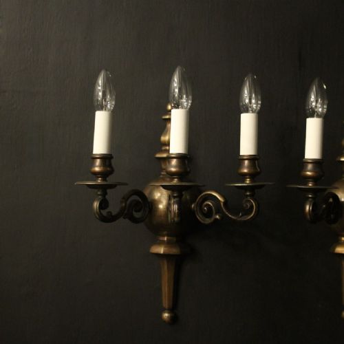 ENGLISH PAIR OF BRONZE TRIPLE ARM ANTIQUE WALL LIGHTS - ADDITIONAL PHOTO 8