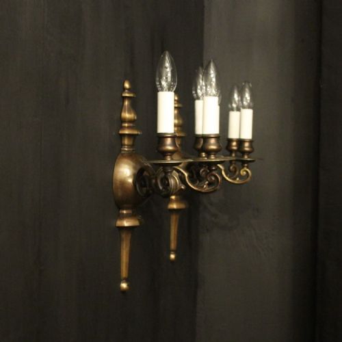ENGLISH PAIR OF BRONZE TRIPLE ARM ANTIQUE WALL LIGHTS - ADDITIONAL PHOTO 9