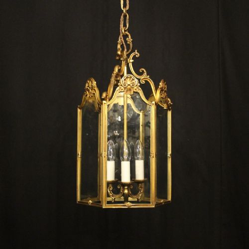 french gilded bronze triple light antique hall lantern - CATEGORY: ANTIQUE LIGHTING - DATED 1920