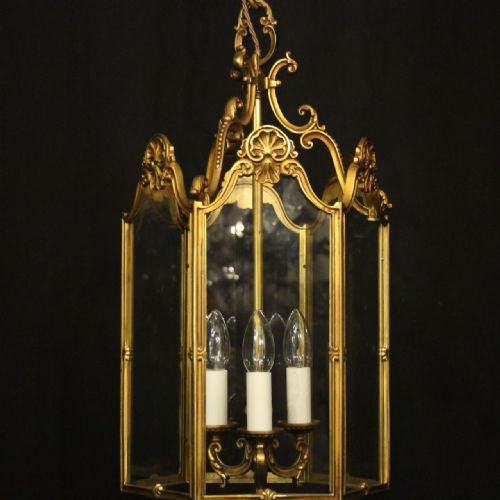 FRENCH GILDED BRONZE TRIPLE LIGHT ANTIQUE HALL LANTERN - ADDITIONAL PHOTO 1