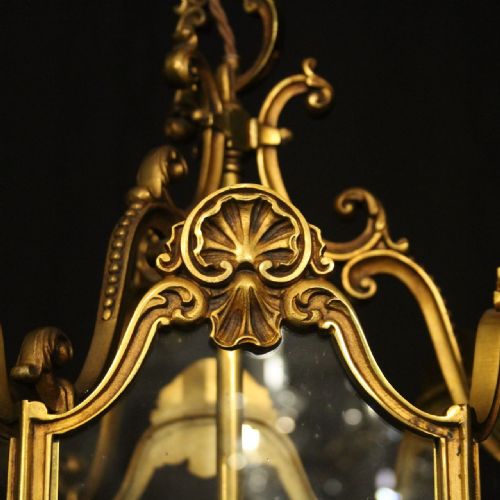 FRENCH GILDED BRONZE TRIPLE LIGHT ANTIQUE HALL LANTERN - ADDITIONAL PHOTO 2