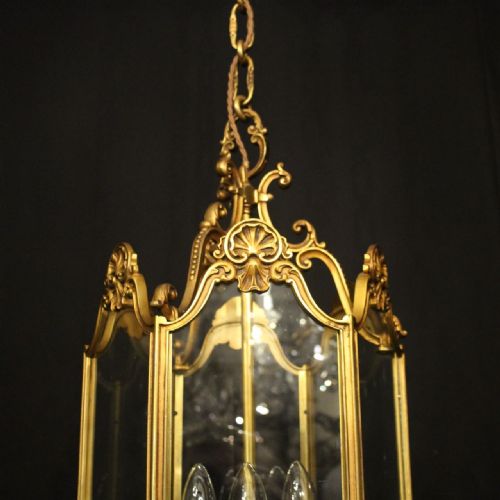 FRENCH GILDED BRONZE TRIPLE LIGHT ANTIQUE HALL LANTERN - ADDITIONAL PHOTO 3