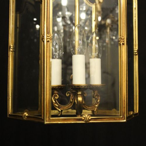 FRENCH GILDED BRONZE TRIPLE LIGHT ANTIQUE HALL LANTERN - ADDITIONAL PHOTO 4