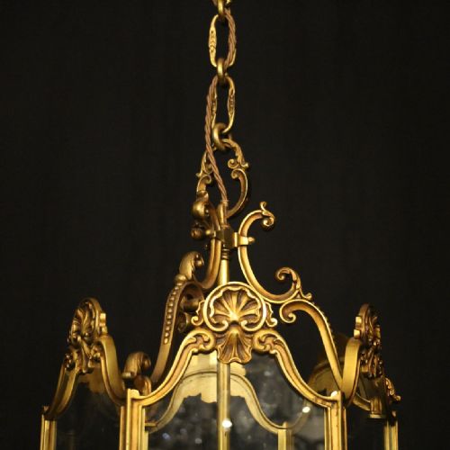FRENCH GILDED BRONZE TRIPLE LIGHT ANTIQUE HALL LANTERN - ADDITIONAL PHOTO 5