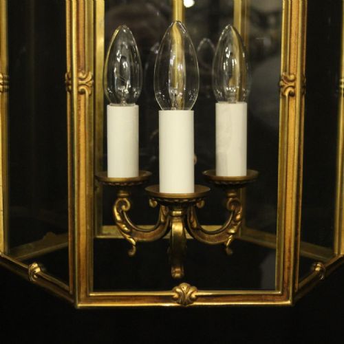 FRENCH GILDED BRONZE TRIPLE LIGHT ANTIQUE HALL LANTERN - ADDITIONAL PHOTO 6