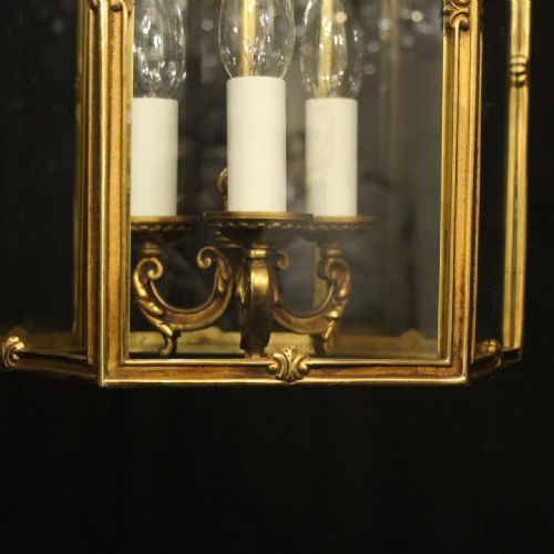 FRENCH GILDED BRONZE TRIPLE LIGHT ANTIQUE HALL LANTERN - ADDITIONAL PHOTO 7