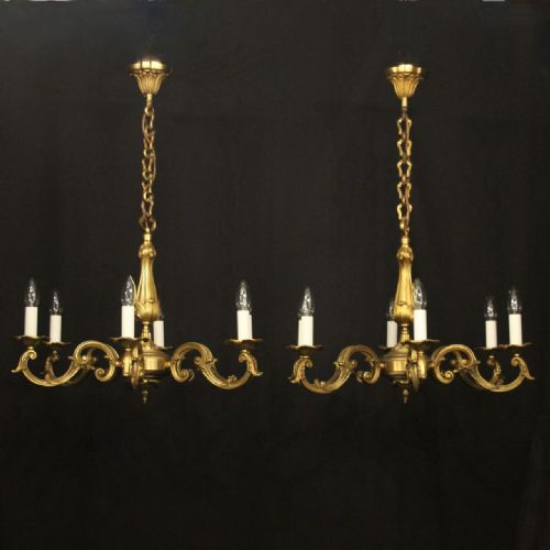 french pair gilded bronze 6 light chandeliers - CATEGORY: ANTIQUE LIGHTING - DATED 1920