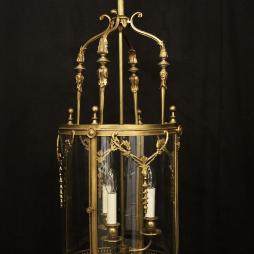 FRENCH GILDED BRASS TRIPLE LIGHT HALL LANTERN - ADDITIONAL PHOTO 4