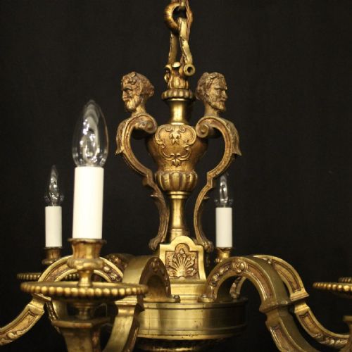 FRENCH LATE 19TH CENTURY GILDED BRONZE 6 LIGHT ANTIQUE CHANDELIER - ADDITIONAL PHOTO 6