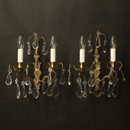 french gilded crystal twin arm antique wall lights - CATEGORY: ANTIQUE LIGHTING - DATED 1930