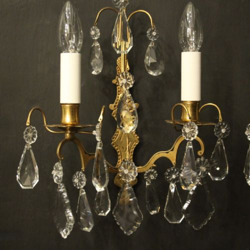 FRENCH GILDED CRYSTAL TWIN ARM ANTIQUE WALL LIGHTS - ADDITIONAL PHOTO 5