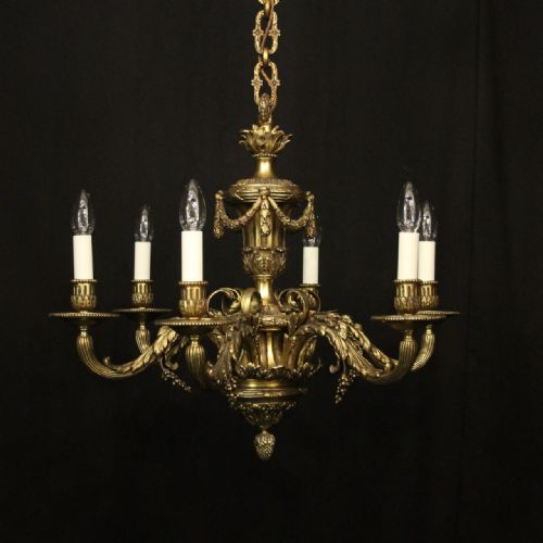 french gilded bronze 6 light antique chandelier - CATEGORY: ANTIQUE LIGHTING - DATED 19TH CENTURY