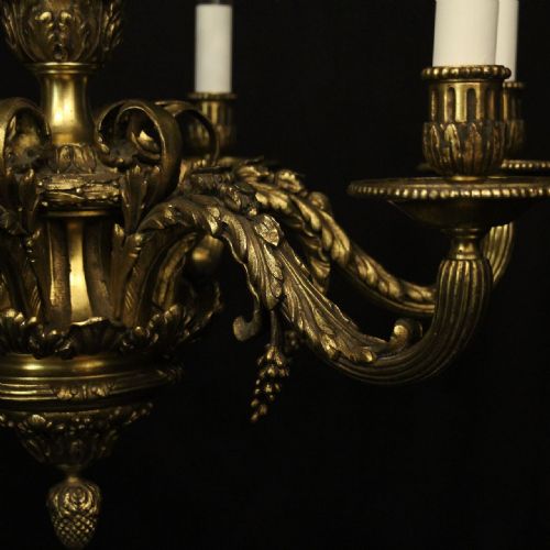 FRENCH GILDED BRONZE 6 LIGHT ANTIQUE CHANDELIER - ADDITIONAL PHOTO 5