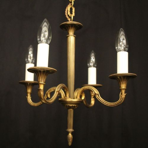 FRENCH GILDED BRASS 4 LIGHT ANTIQUE CHANDELIER - ADDITIONAL PHOTO 5