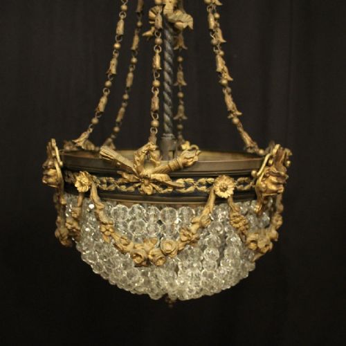 FRENCH 19TH CENTURY TRIPLE LIGHT BAG ANTIQUE CHANDELIER - ADDITIONAL PHOTO 6