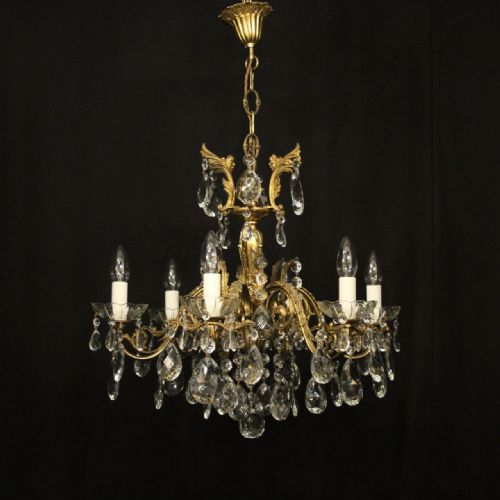 FRENCH SMALL GILDED 6 LIGHT ANTIQUE CHANDELIER - ADDITIONAL PHOTO 8