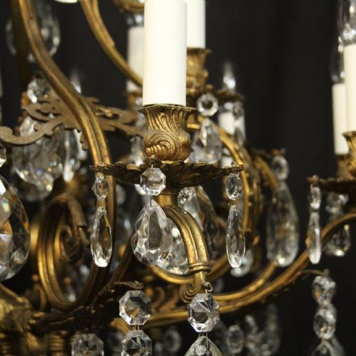 FRENCH GILDED BRASS CRYSTAL 16 LIGHT ANTIQUE CHANDELIER - ADDITIONAL PHOTO 3