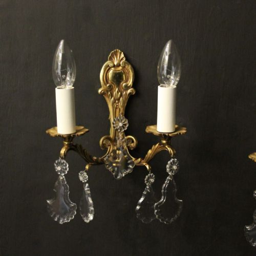 FRENCH PAIR OF CRYSTAL TWIN ARM ANTIQUE WALL LIGHTS - ADDITIONAL PHOTO 1