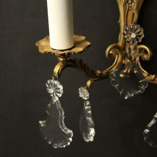FRENCH PAIR OF CRYSTAL TWIN ARM ANTIQUE WALL LIGHTS - ADDITIONAL PHOTO 2