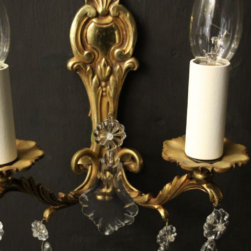FRENCH PAIR OF CRYSTAL TWIN ARM ANTIQUE WALL LIGHTS - ADDITIONAL PHOTO 5