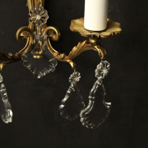 FRENCH PAIR OF CRYSTAL TWIN ARM ANTIQUE WALL LIGHTS - ADDITIONAL PHOTO 8