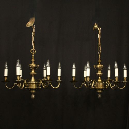 english pair gilded 6 light antique chandeliers - CATEGORY: ANTIQUE LIGHTING - DATED 1930