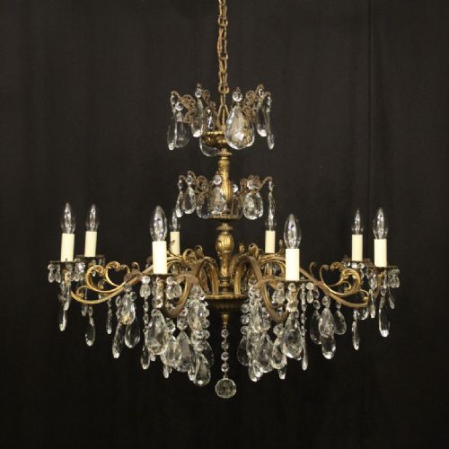 italian gilded bronze crystal 8 light antique chandelier - CATEGORY: ANTIQUE LIGHTING - DATED 1920