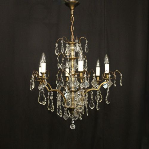 FRENCH GILDED BRASS 6 LIGHT ANTIQUE CHANDELIER - ADDITIONAL PHOTO 1