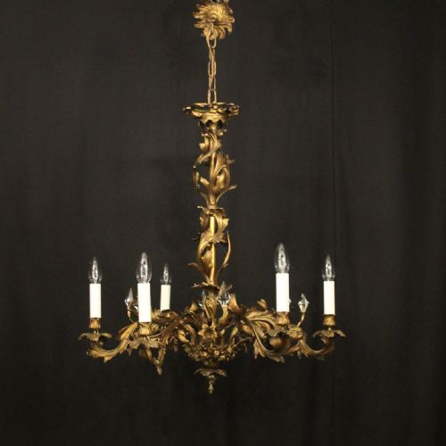 FRENCH GILDED BRASS 6 LIGHT ANTIQUE CHANDELIER - ADDITIONAL PHOTO 1
