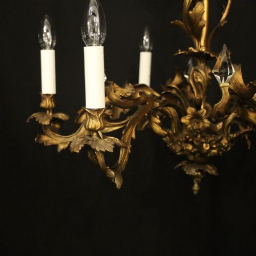 FRENCH GILDED BRASS 6 LIGHT ANTIQUE CHANDELIER - ADDITIONAL PHOTO 2