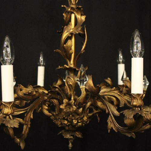 FRENCH GILDED BRASS 6 LIGHT ANTIQUE CHANDELIER - ADDITIONAL PHOTO 3