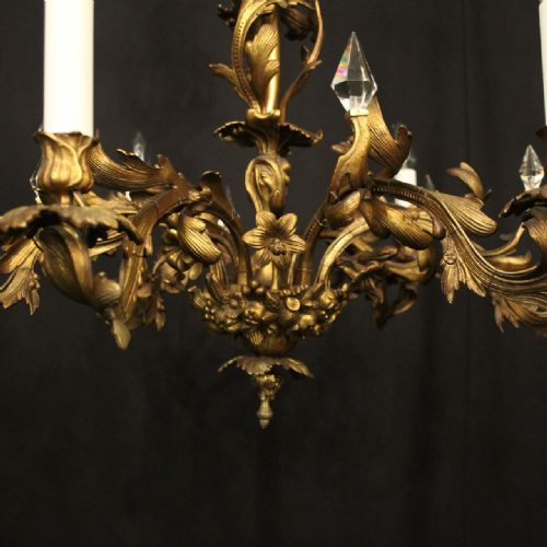 FRENCH GILDED BRASS 6 LIGHT ANTIQUE CHANDELIER - ADDITIONAL PHOTO 6