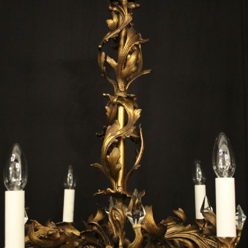 FRENCH GILDED BRASS 6 LIGHT ANTIQUE CHANDELIER - ADDITIONAL PHOTO 8