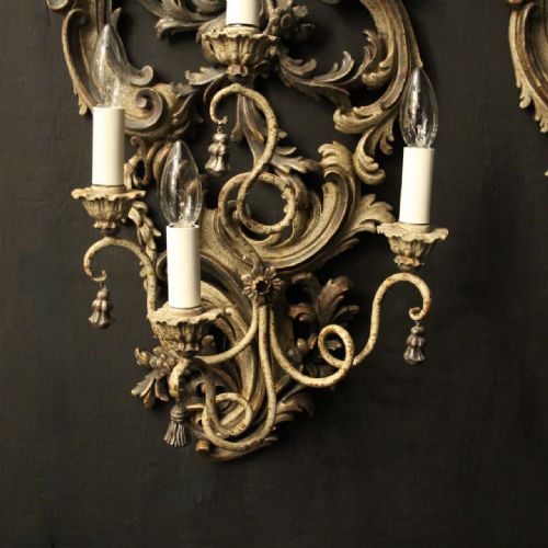 FLORENTINE SILVER GILTWOOD 4 ARM ANTIQUE WALL LIGHTS - ADDITIONAL PHOTO 3