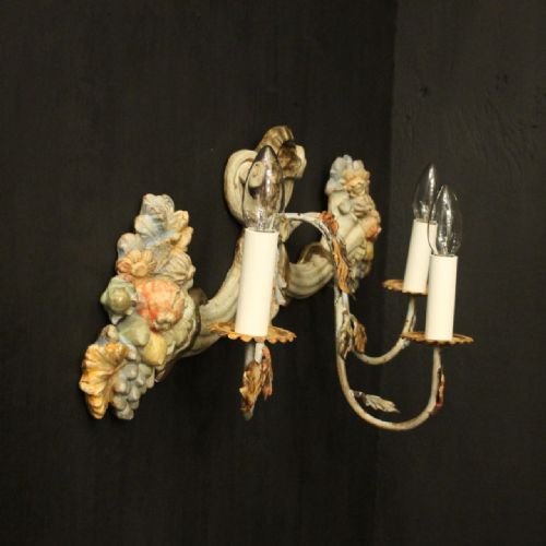 ITALIAN WOODEN POLYCHROME SINGLE ANTIQUE WALL LIGHT - ADDITIONAL PHOTO 1