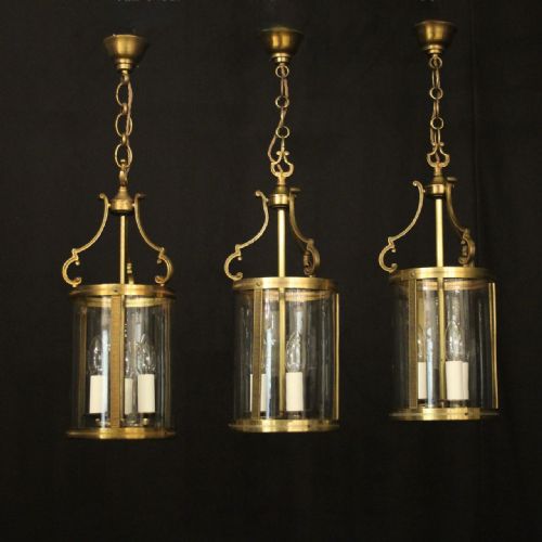 french set of 3 gilded convex hall antique lanterns - CATEGORY: ANTIQUE LIGHTING - DATED 1920