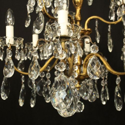 FRENCH GILDED BRASS CRYSTAL 9 LIGHT ANTIQUE CHANDELIER - ADDITIONAL PHOTO 6