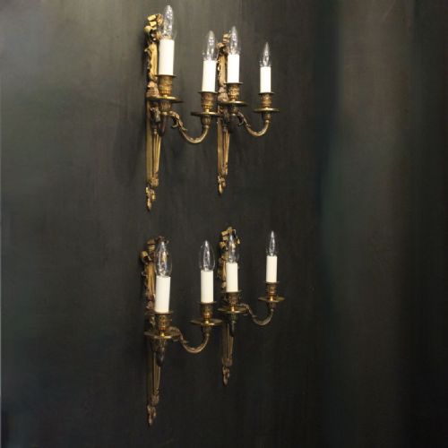 FRENCH SET OF 4 GILDED BRONZE ANTIQUE WALL SCONCES - ADDITIONAL PHOTO 9