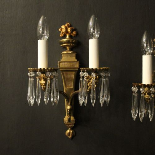 FRENCH PAIR GILDED CRYSTAL TWIN ARM ANTIQUE WALL LIGHTS - ADDITIONAL PHOTO 1