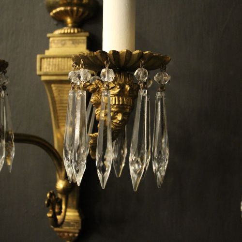 FRENCH PAIR GILDED CRYSTAL TWIN ARM ANTIQUE WALL LIGHTS - ADDITIONAL PHOTO 2