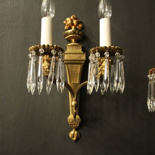 FRENCH PAIR GILDED CRYSTAL TWIN ARM ANTIQUE WALL LIGHTS - ADDITIONAL PHOTO 3