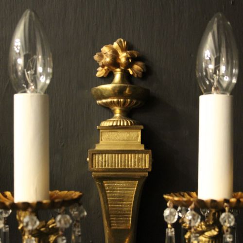 FRENCH PAIR GILDED CRYSTAL TWIN ARM ANTIQUE WALL LIGHTS - ADDITIONAL PHOTO 4