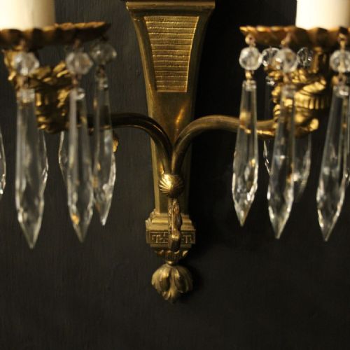 FRENCH PAIR GILDED CRYSTAL TWIN ARM ANTIQUE WALL LIGHTS - ADDITIONAL PHOTO 7